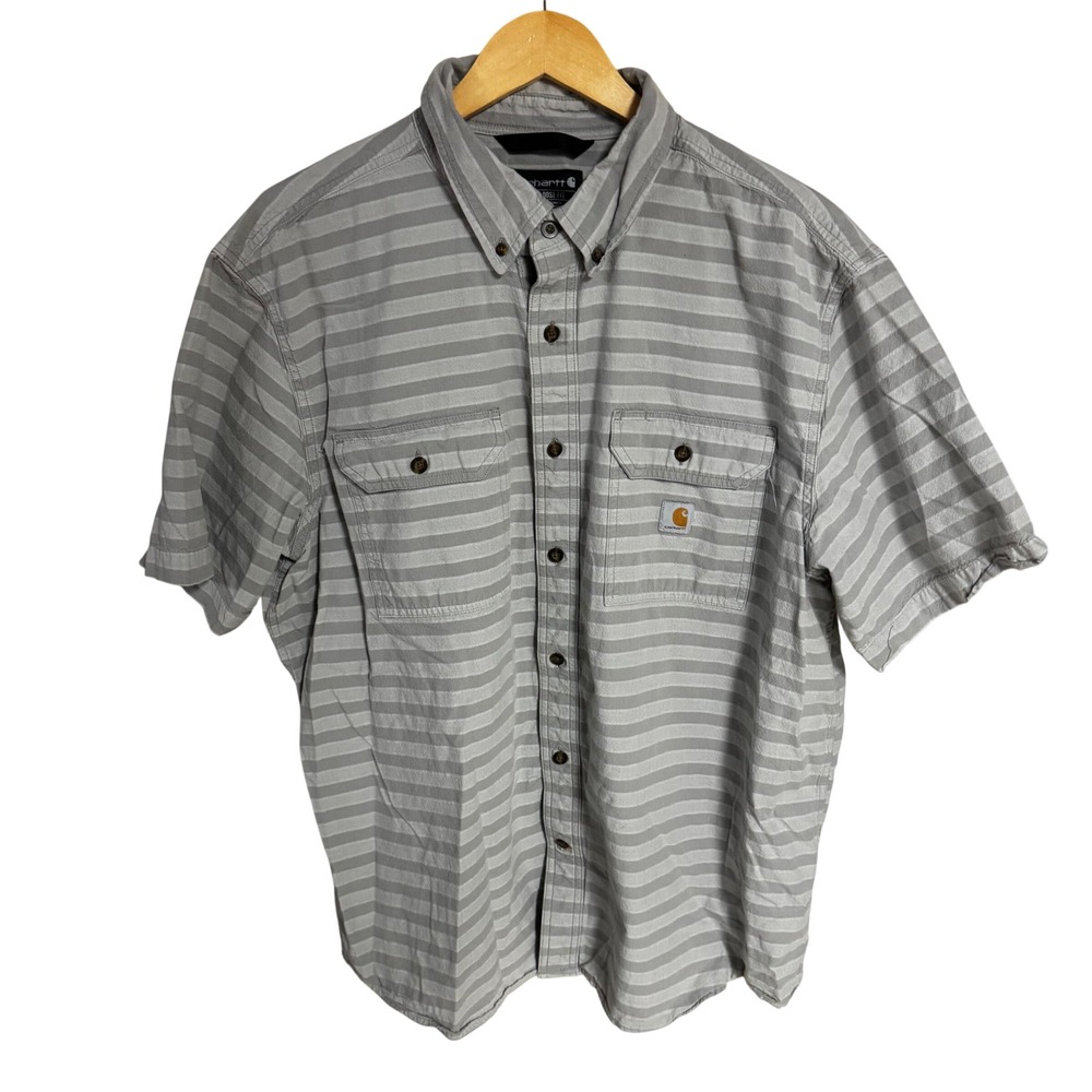 Carhartt Mens XL Gray Striped Short Sleeve Button Down Work Shirt Loose Fit